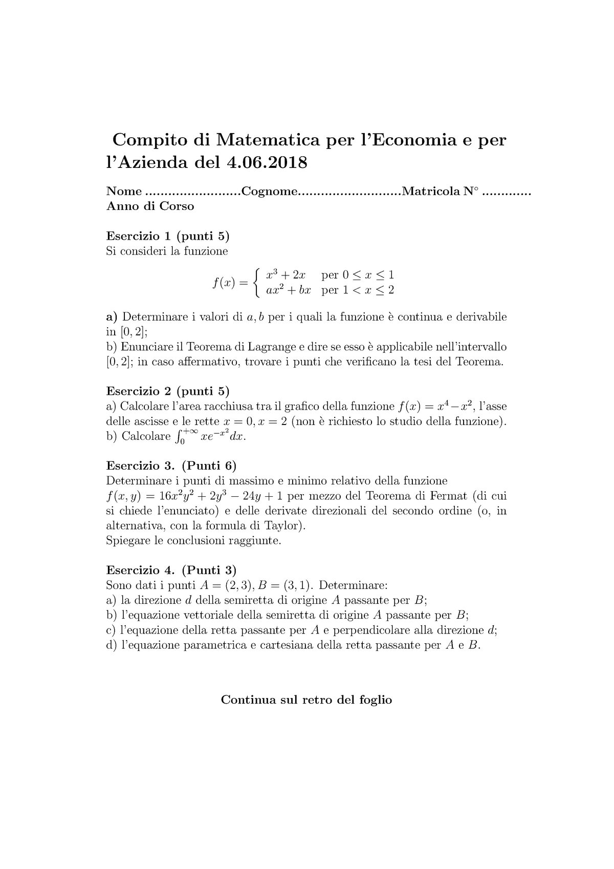 Esempio/prova D'esame 4 Giugno 2018, Domande - Compito Di Matematica ...