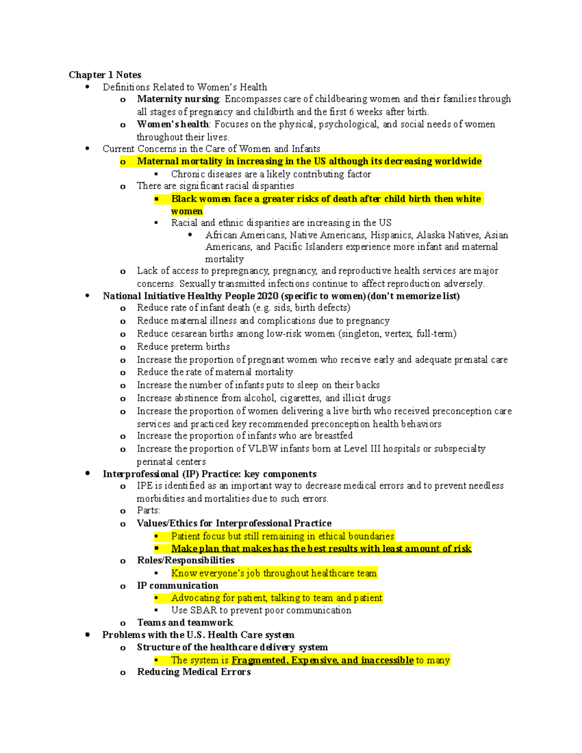 Exam 1 Study Guide - MATERNAL HEALTH - Chapter 1 Notes Definitions ...