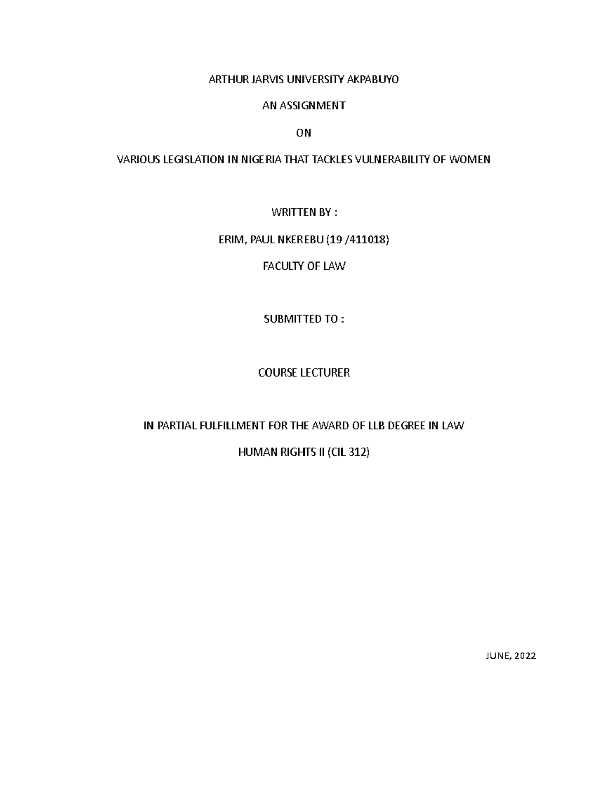 Substitute Lecturer Assignment ON Human Rights II 2022 - ARTHUR JARVIS ...