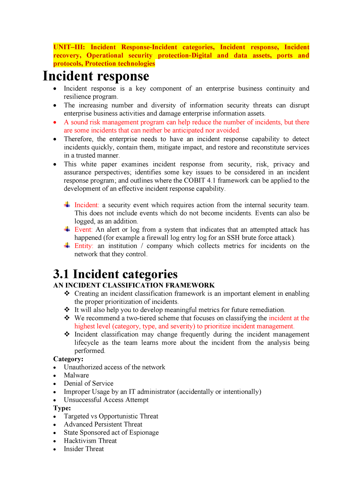 UNIT-3 PART A - nice - UNIT–III: Incident Response-Incident categories ...