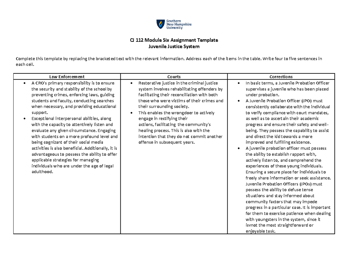 WEEK 6 Assignment DONE - CJ 112 Module Six Assignment Template Juvenile ...