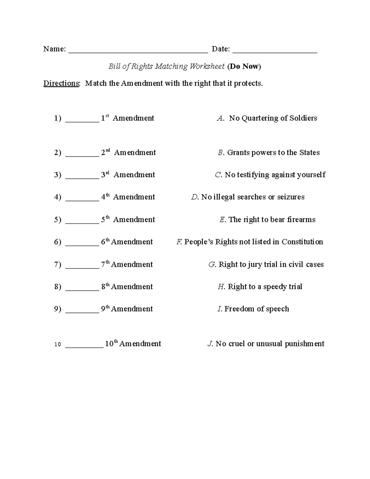 Bill of Rights Do Now Matching Sheet - Name ...