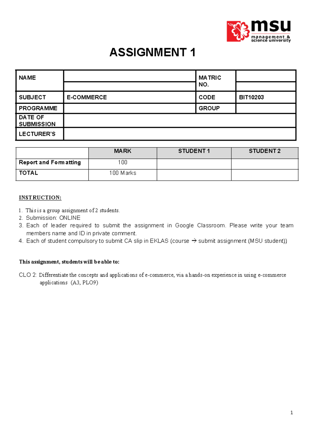 PDF document - To reference - 1 ASSIGNMENT 1 NAME MATRIC NO. SUBJECT E ...