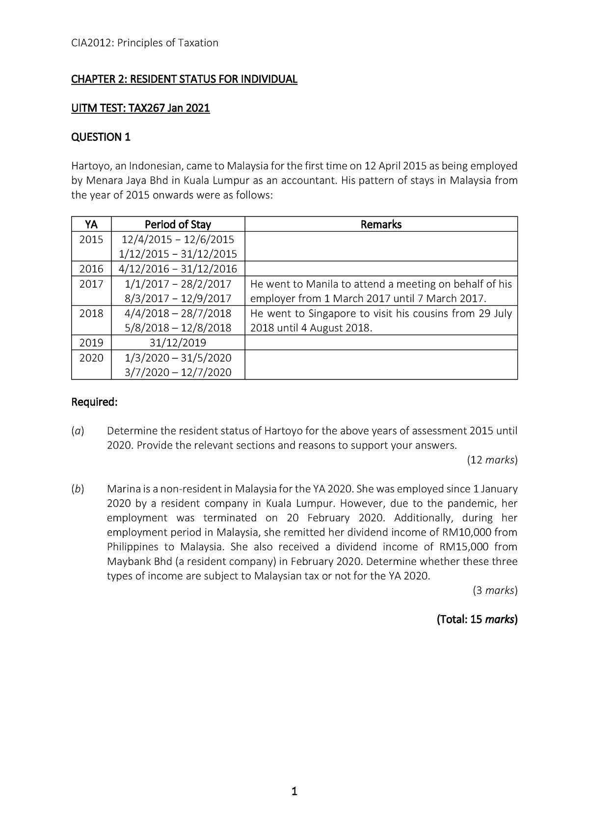 UITM Past Papers C2 - CHAPTER 2: RESIDENT STATUS FOR INDIVIDUAL UITM ...