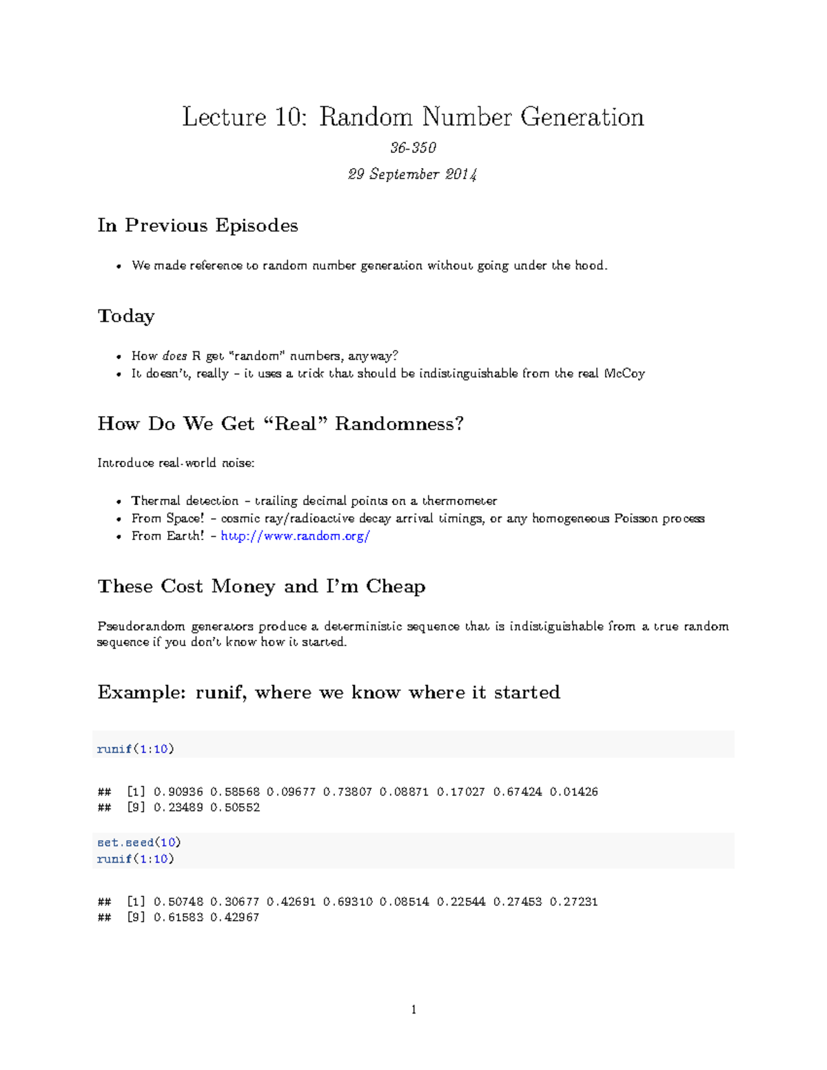 Lecture-10 - Lecture notes 10 - Lecture 10: Random Number Generation 36 ...