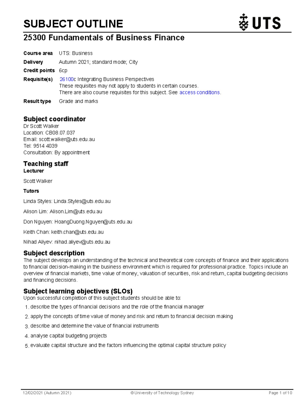 Subject Outline - SUBJECT OUTLINE 25300 Fundamentals of Business ...