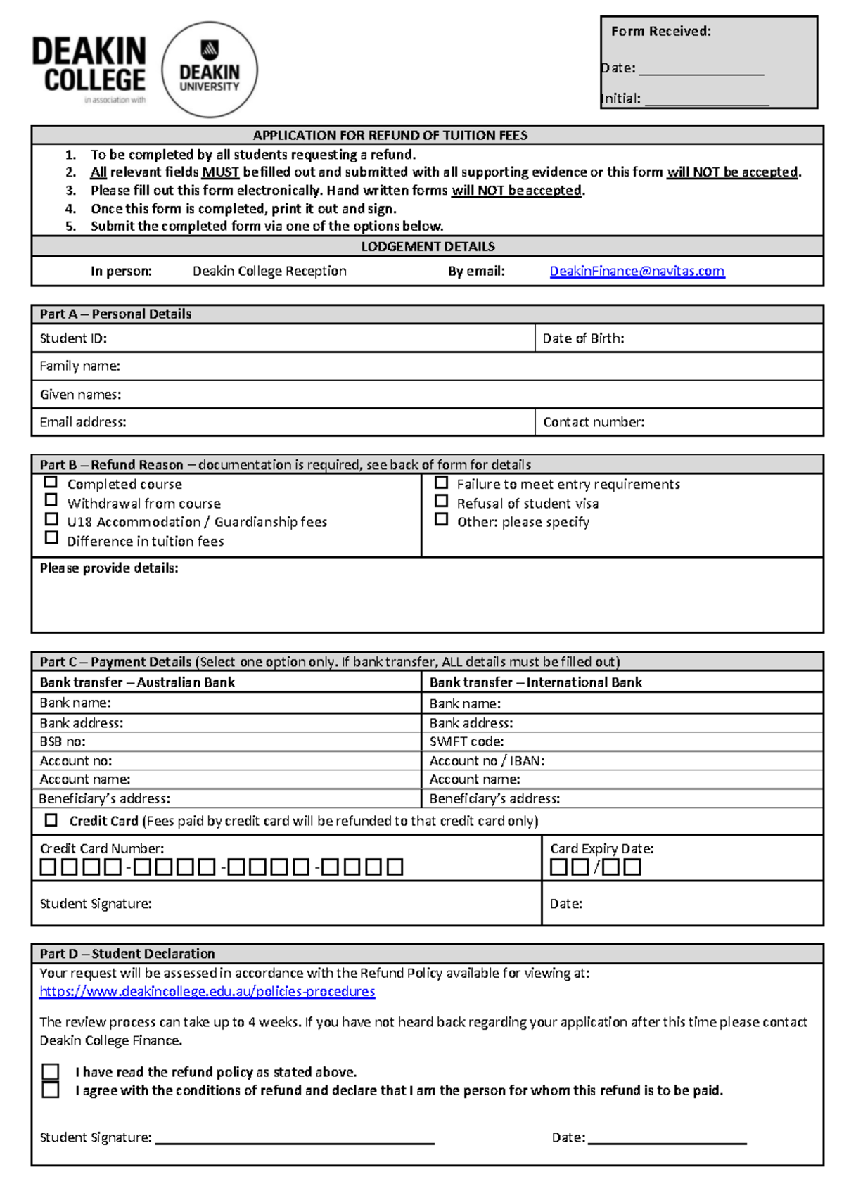 Application for Refund of Tuition Fees - APPLICATION FOR REFUND OF ...