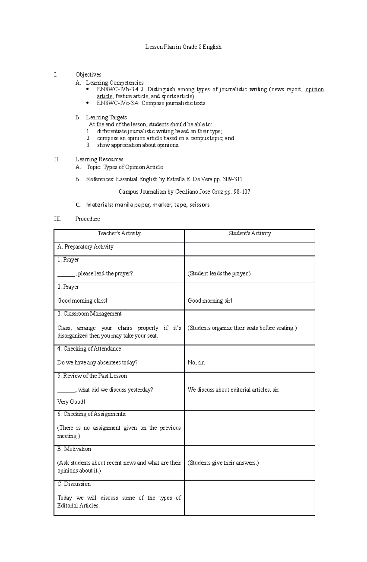 Lesson-Plan-C - English - Lesson Plan In Grade 8 English I. Objectives ...