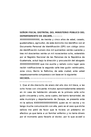 Modelo DE UNA Querella Y Denuncia - SEÑOR FISCAL DISTRITAL DEL MINISTERIO  PÚBLICO DEL DEPARTAMENTO - Studocu