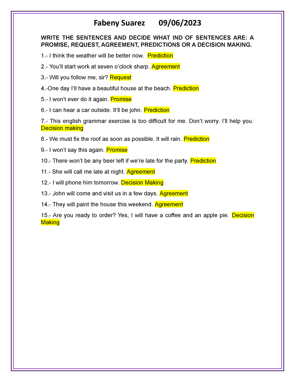 Sentences tarea 1 - Fabeny Suarez 09/06/ WRITE THE SENTENCES AND DECIDE ...