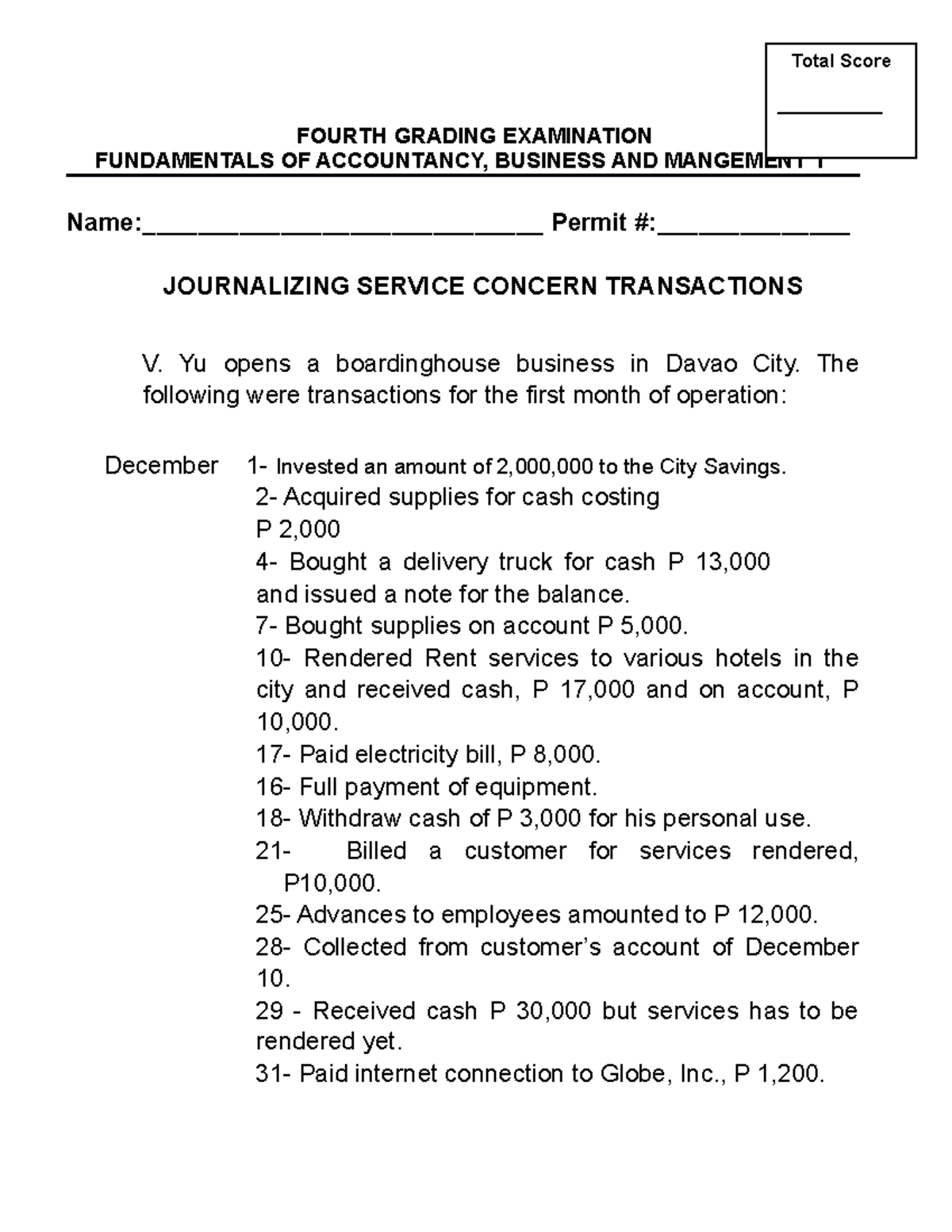 Fourth Examination - FOURTH GRADING EXAMINATION FUNDAMENTALS OF ...