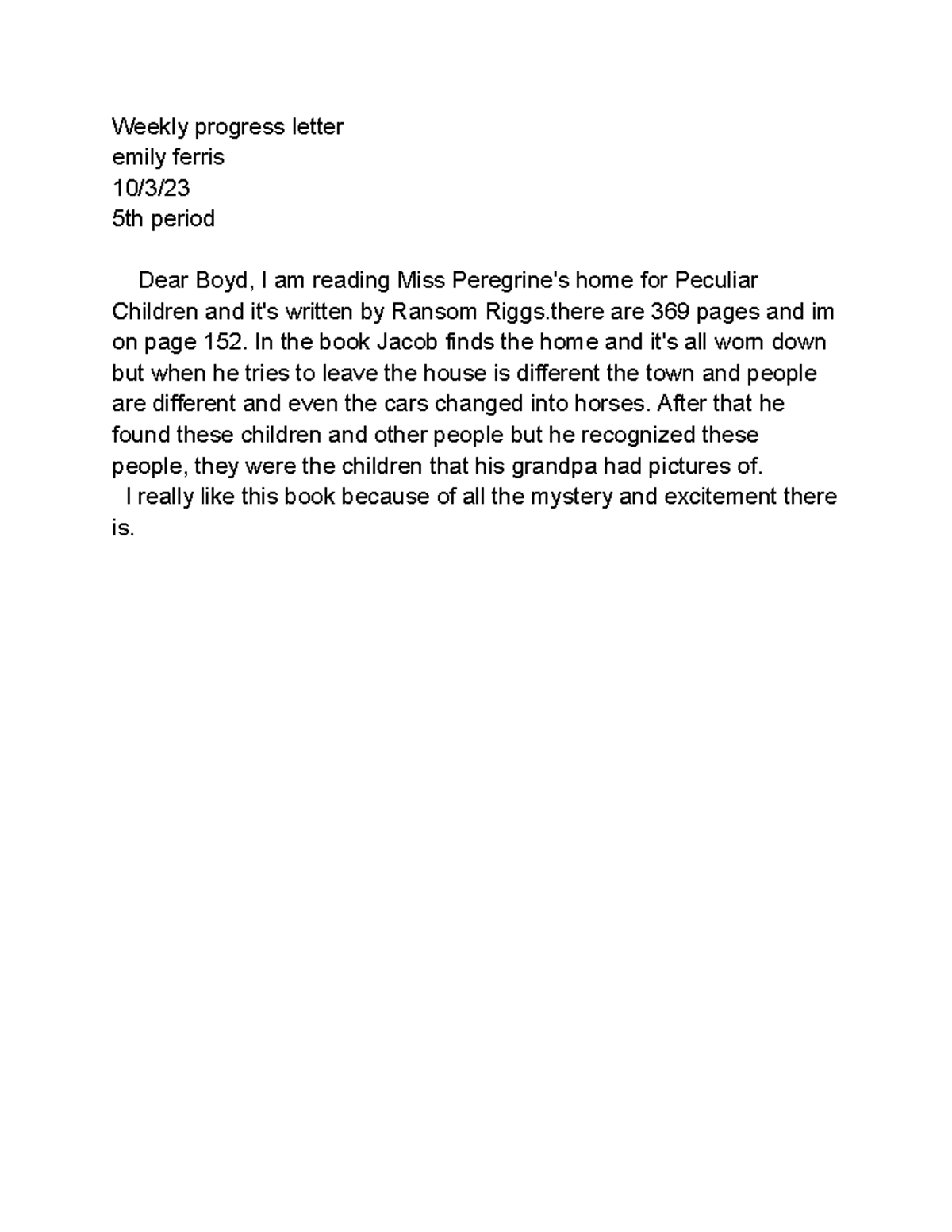 Weekly progress letter - Weekly progress letter emily ferris 10/3/ 5th ...