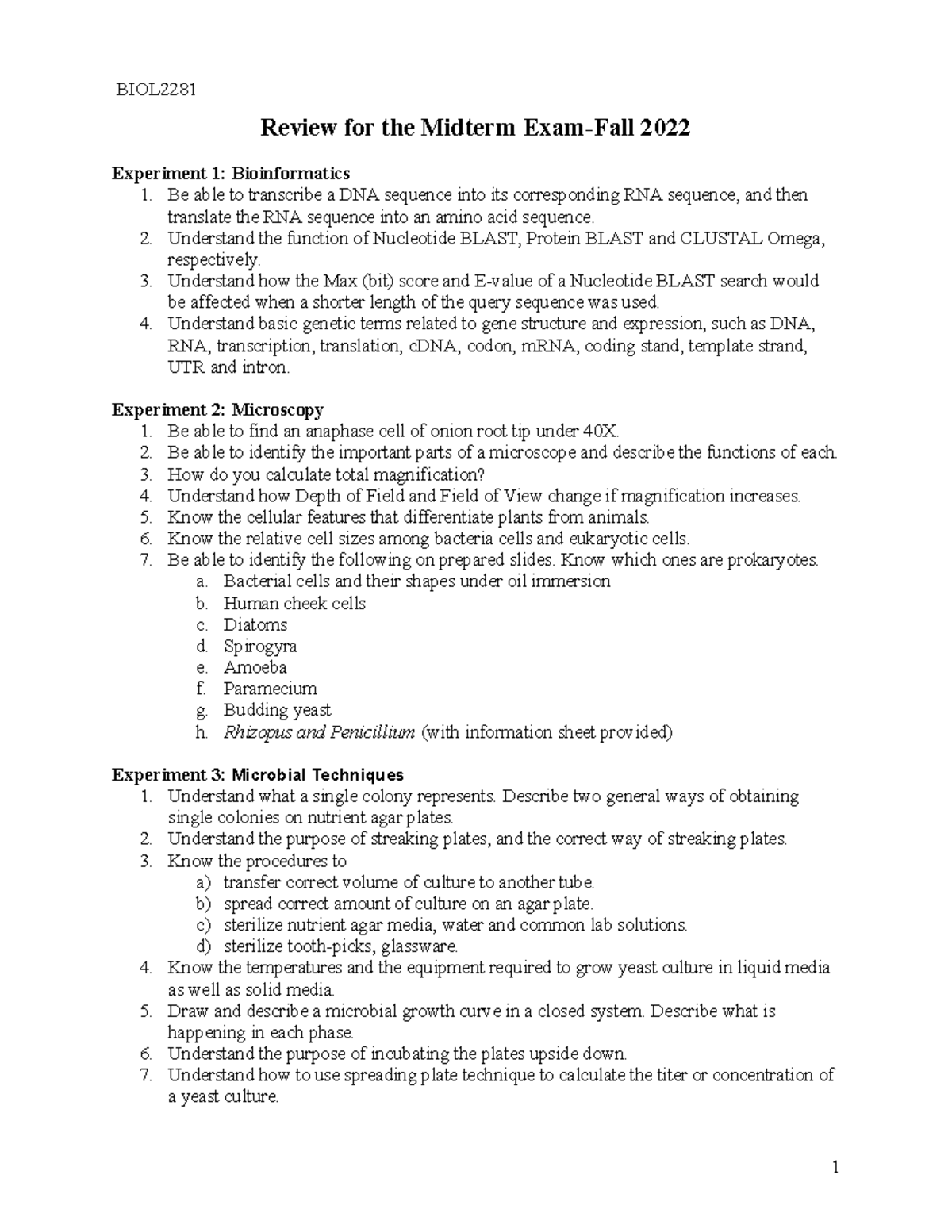 Midterm Review E1 E5 BIOL2281-Fall 2022 - BIOL Review For The Midterm ...