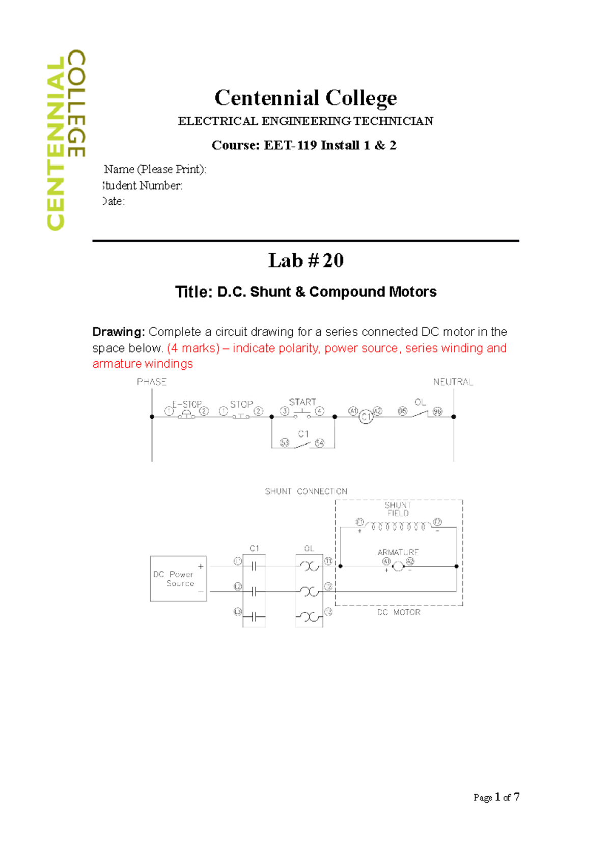 EET 119 Lab 20 DC Shunt and Compound Motor Lab Centennial College
