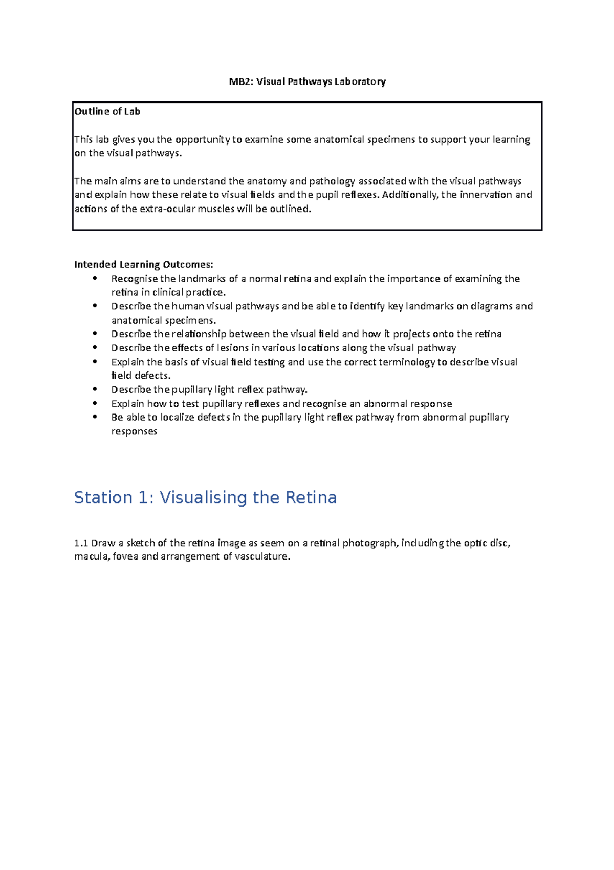 Visual Pathways 2022 - MB2: Visual Pathways Laboratory Outline of Lab ...