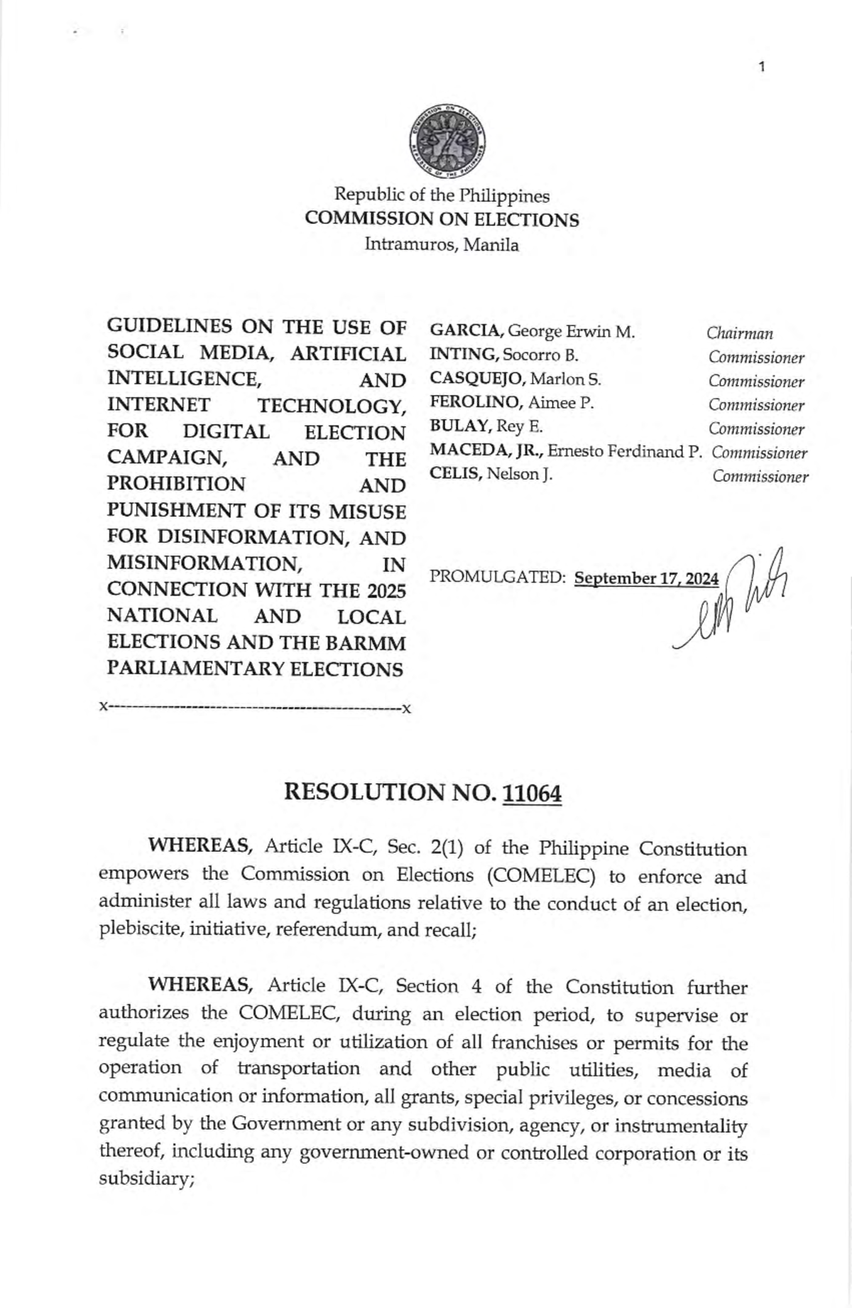 COMELEC Resolution No. 11064 - GUIDELINES ON THE USE OF SOCIAL MEDIA ...