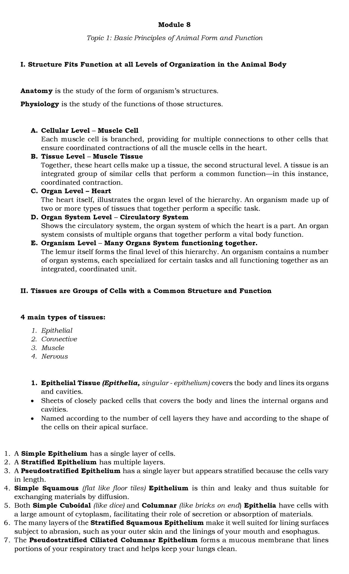 Module 8 and 9 Module 8 Topic 1 Basic Principles of Animal Form and
