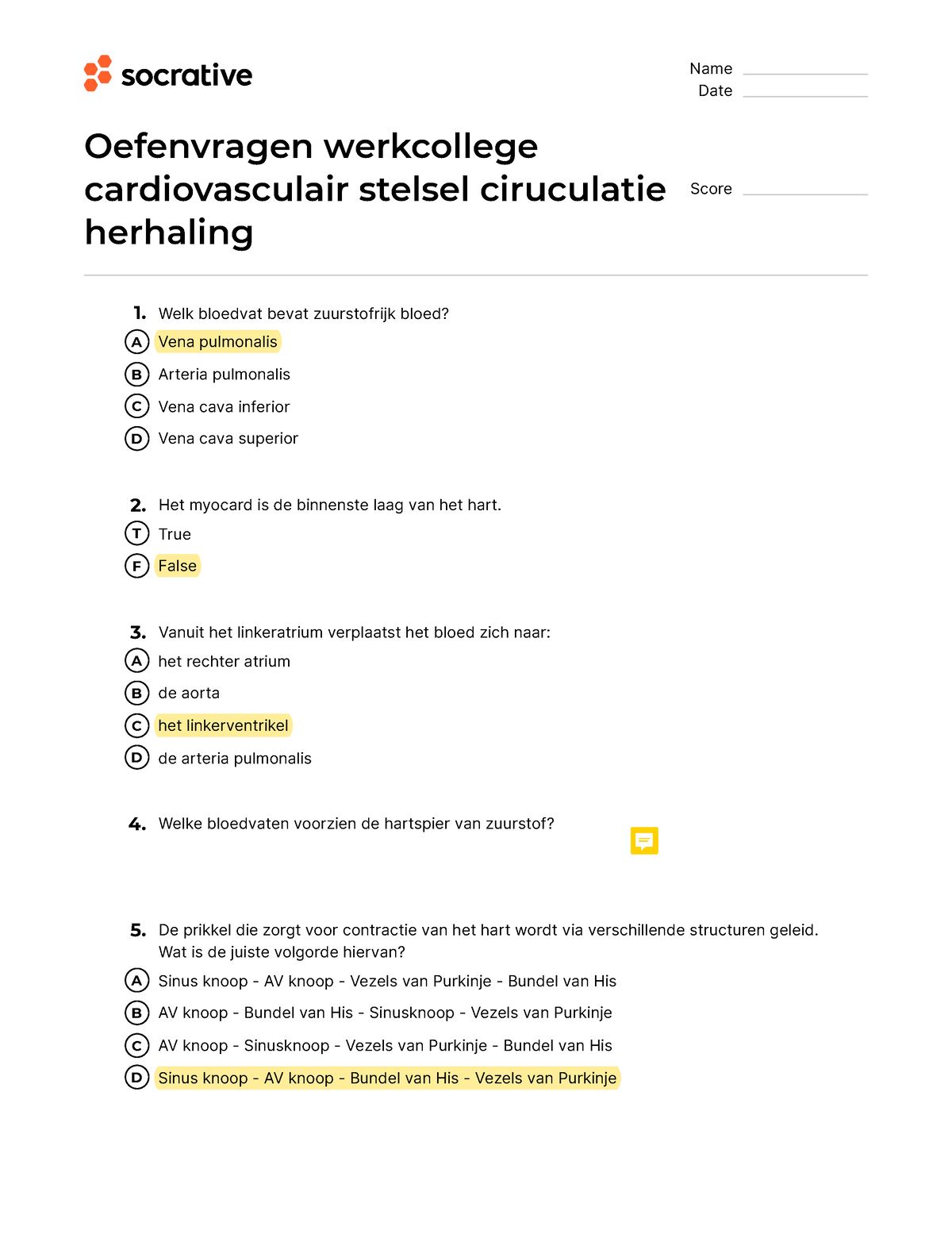 Quiz Oefenvragen Werkcollege Cardiovasculair Stelsel Ciruculatie Antwoorden Name Date