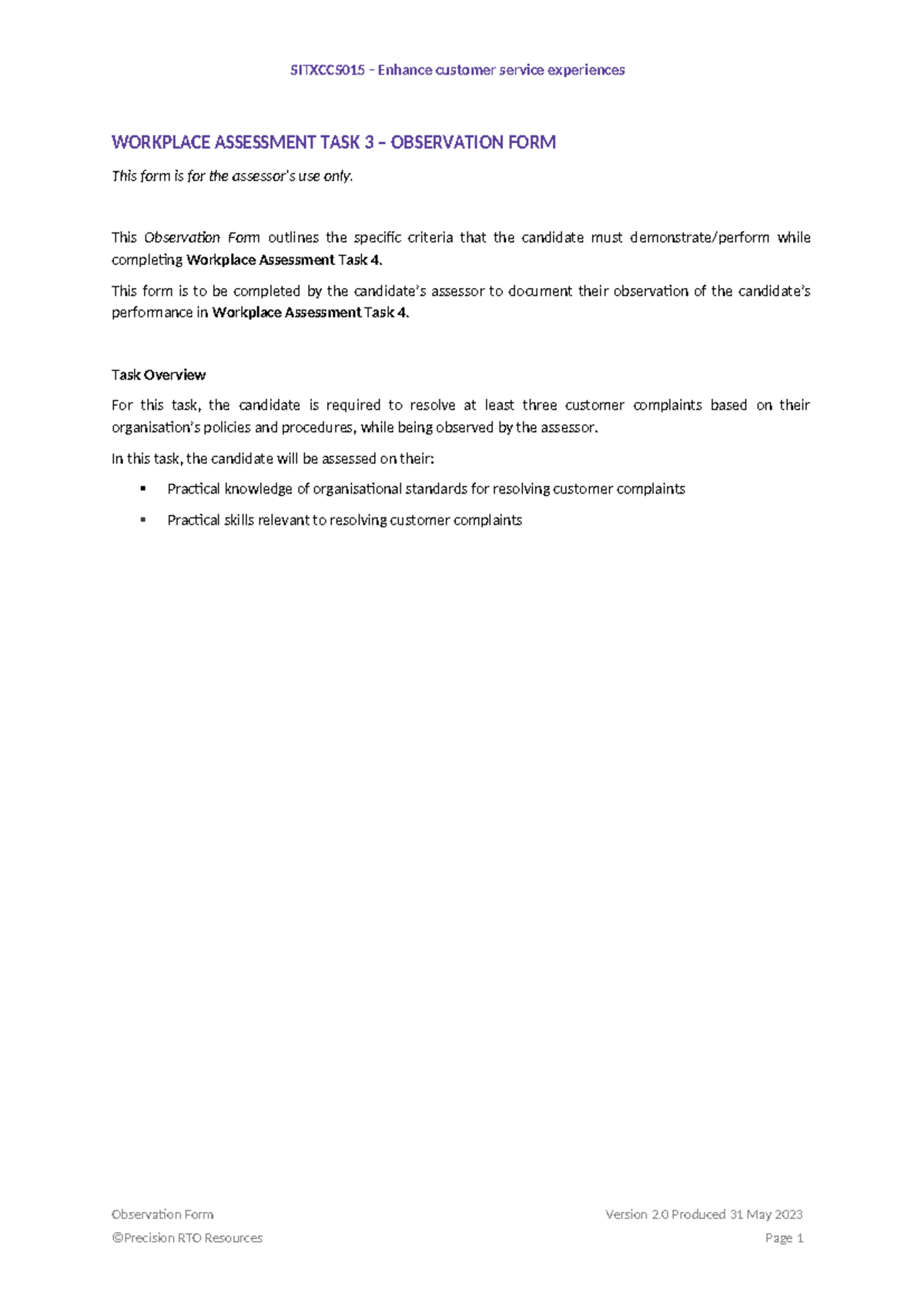 Sitxccs 015 Workplace Assessment Task 3 Observation Form v2 ...