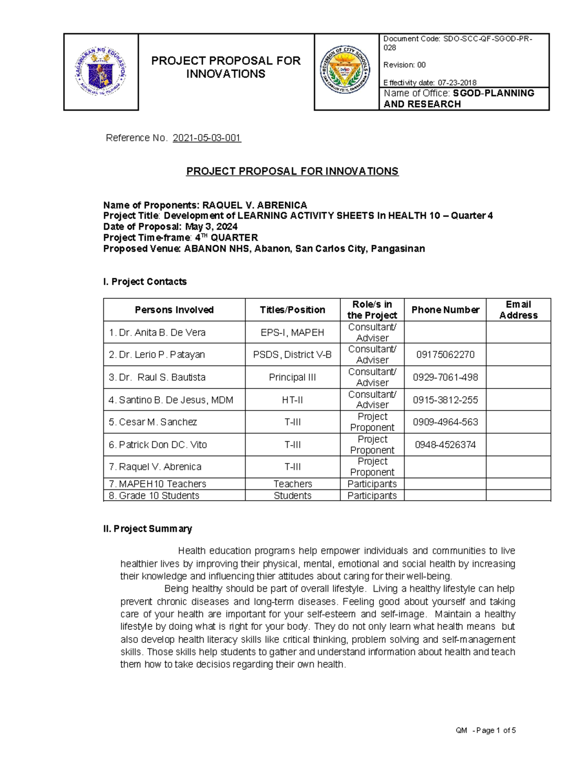 Project Proposal for Innovation Health Q4 cms - PROJECT PROPOSAL FOR ...