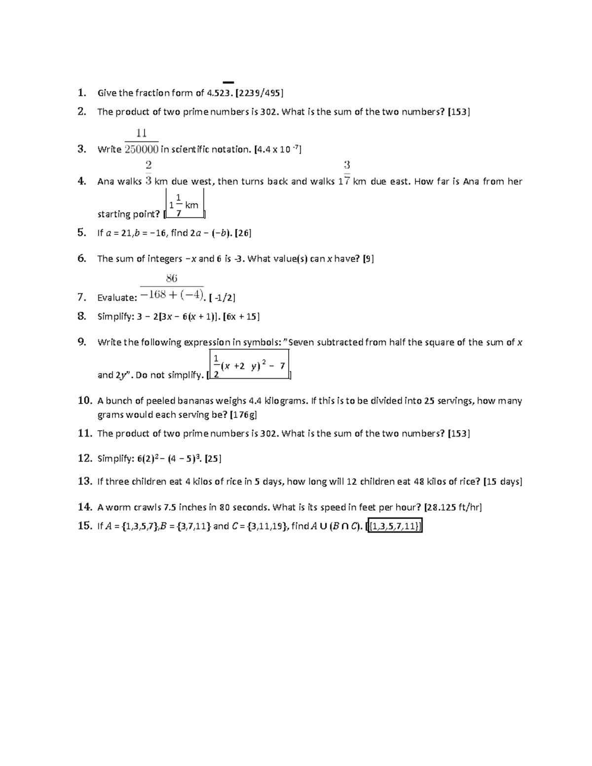 Grade 7 - Project - 1. Give the fraction form of 4. [2239/495] 2. The ...