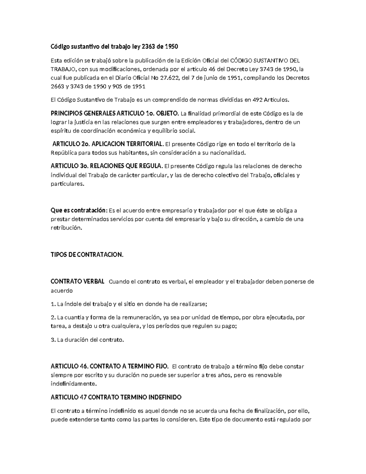 Código sustantivo del trabajo ley 2363 de 1950 - PRINCIPIOS GENERALES ...