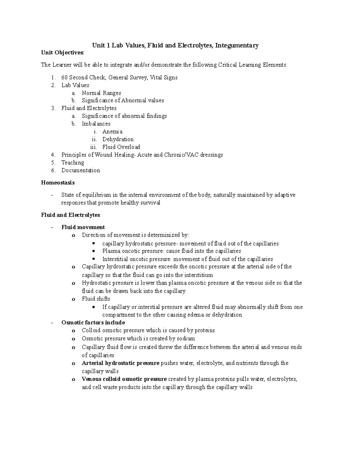 Unit 1 lab values, fluid overload, anemia, electrolytes Unit 1 Lab