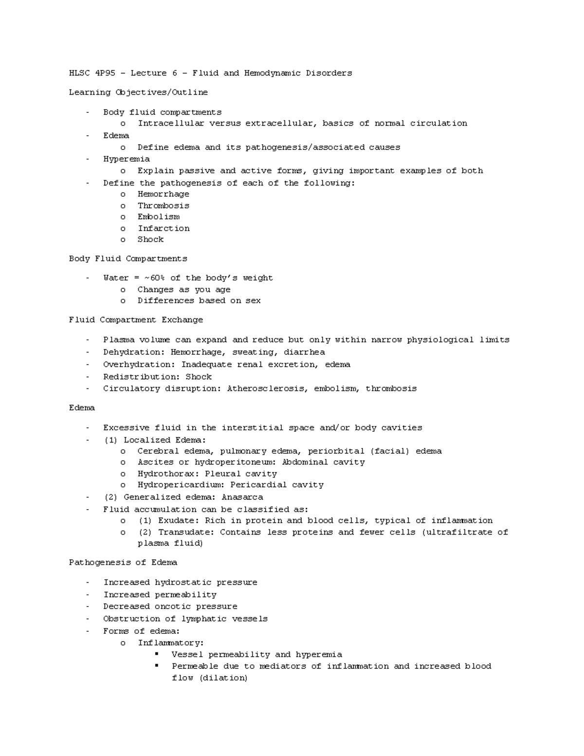 Lecture 6 copy - HLSC 4P95 – Lecture 6 – Fluid and Hemodynamic ...