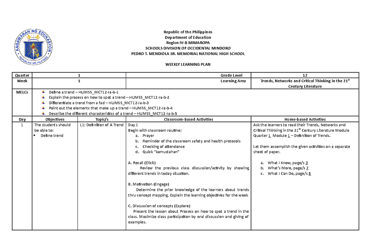 Weekly Learning Plan Trends Long Republic Of The Philippines Department Of Education Region 6268