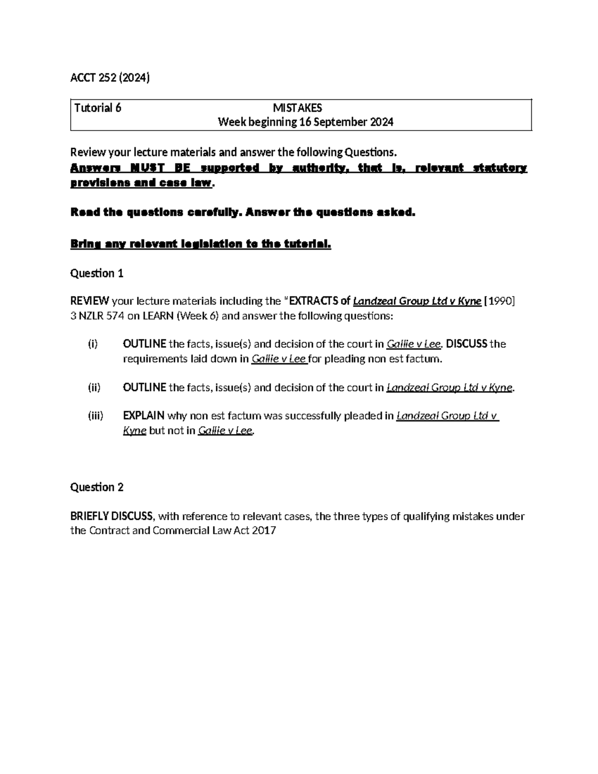 01 Tutorial 6 Qs on Learn (2024) - ACCT 252 (2024) Tutorial 6 MISTAKES ...
