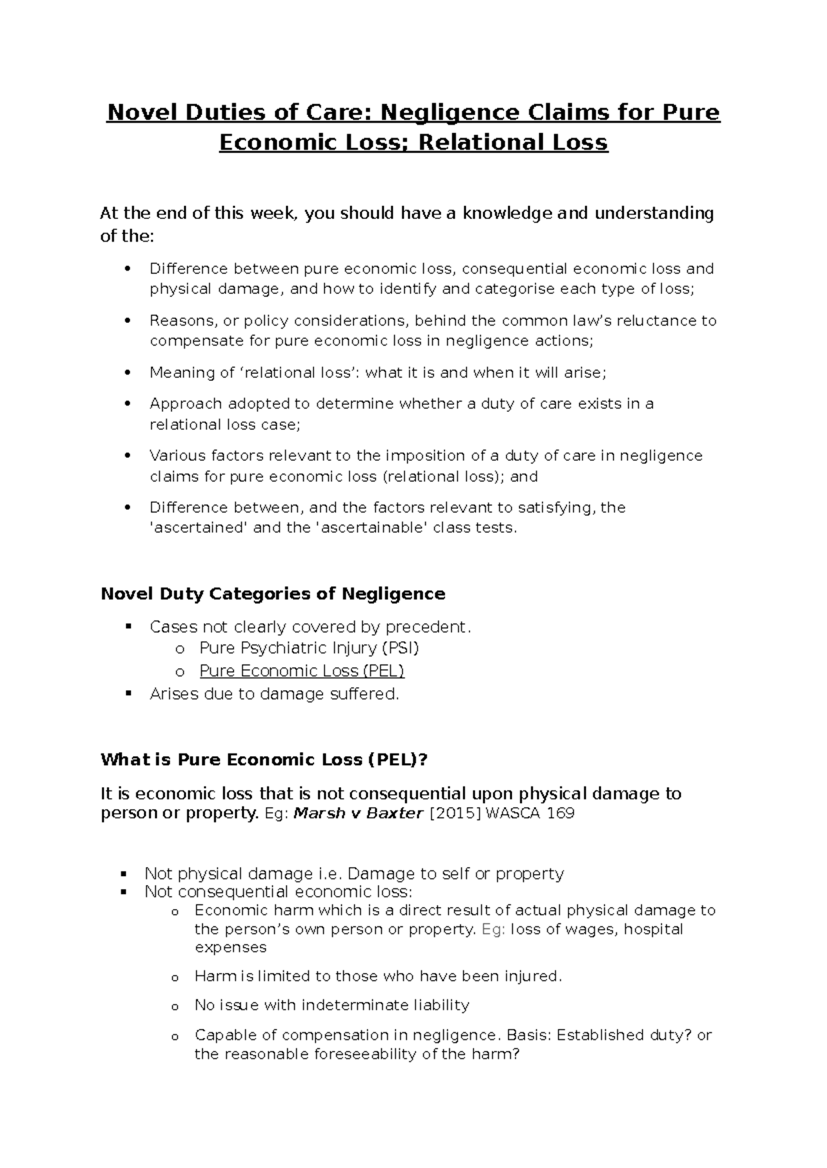 Torts Novel Duties of Care Negligence Claims for Pure Economic Loss