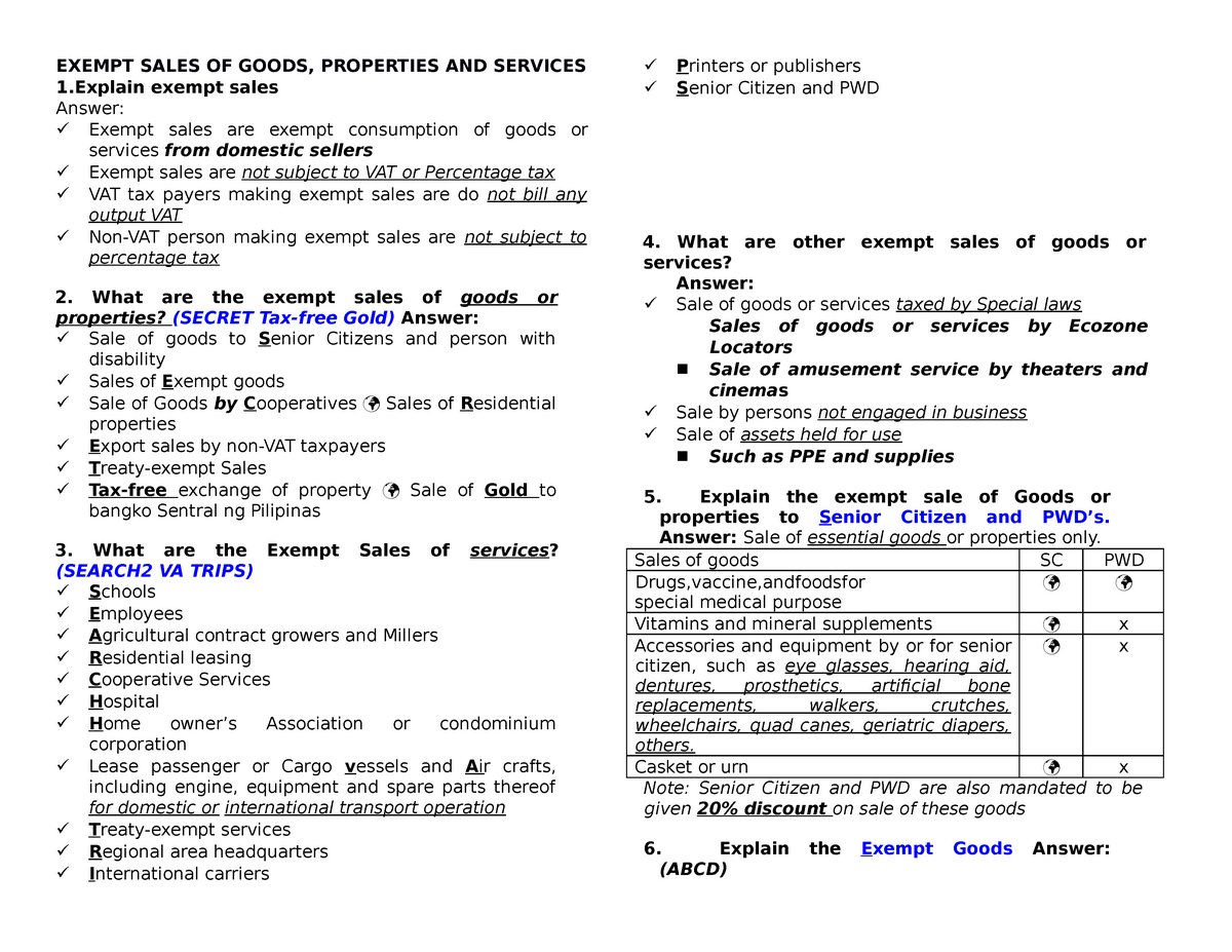 Exempt Sales OF Goods Business Taxation Summary EXEMPT SALES OF 