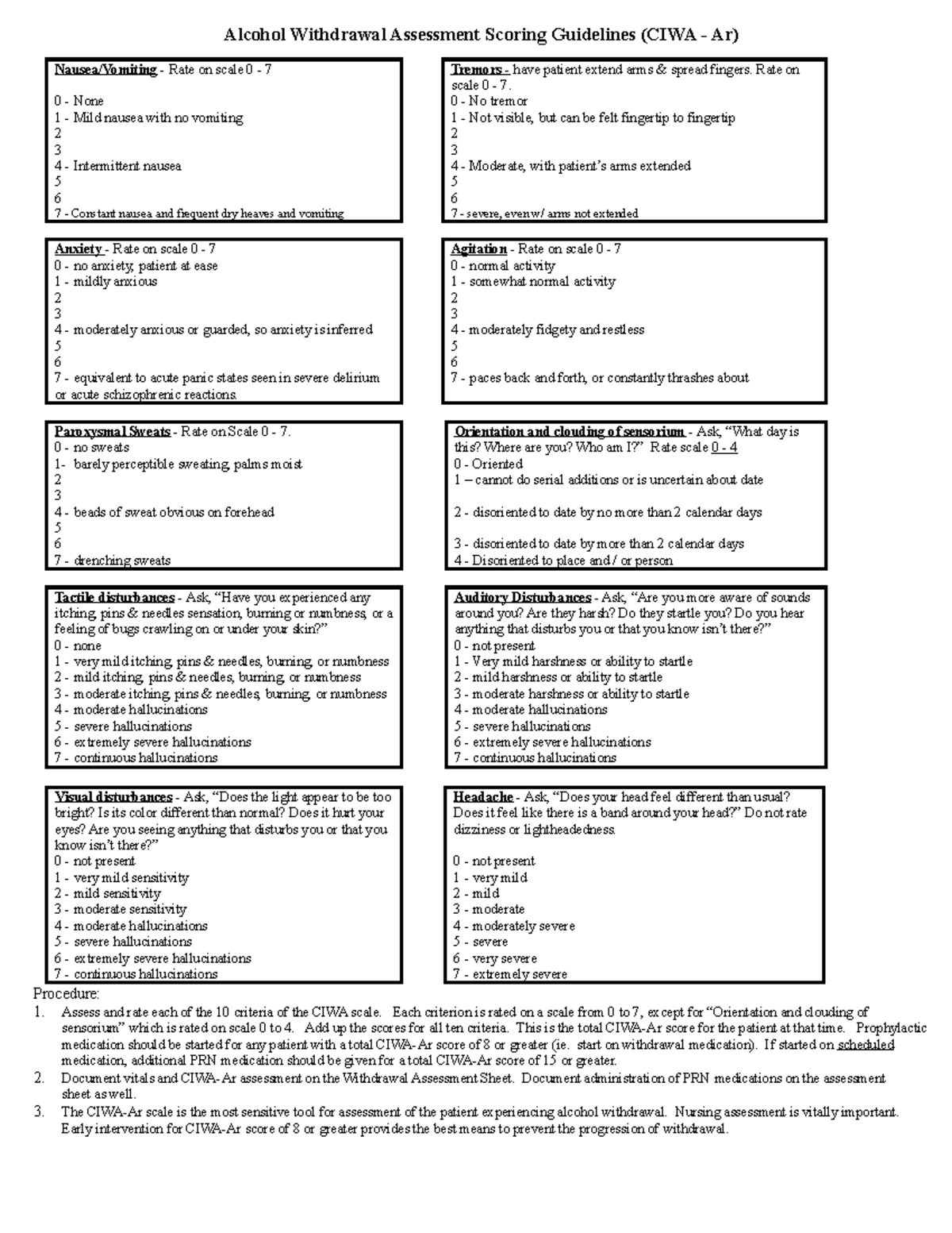 CIWA-Ar - handout - Alcohol Withdrawal Assessment Scoring Guidelines ...