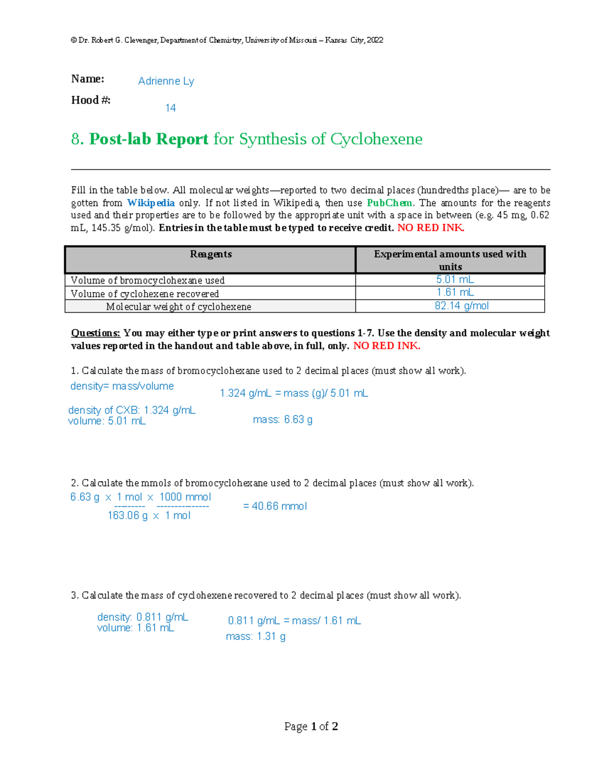 Cyclohexene Post Lab+(3)-edited - © Dr. Robert G. Clevenger, Department ...