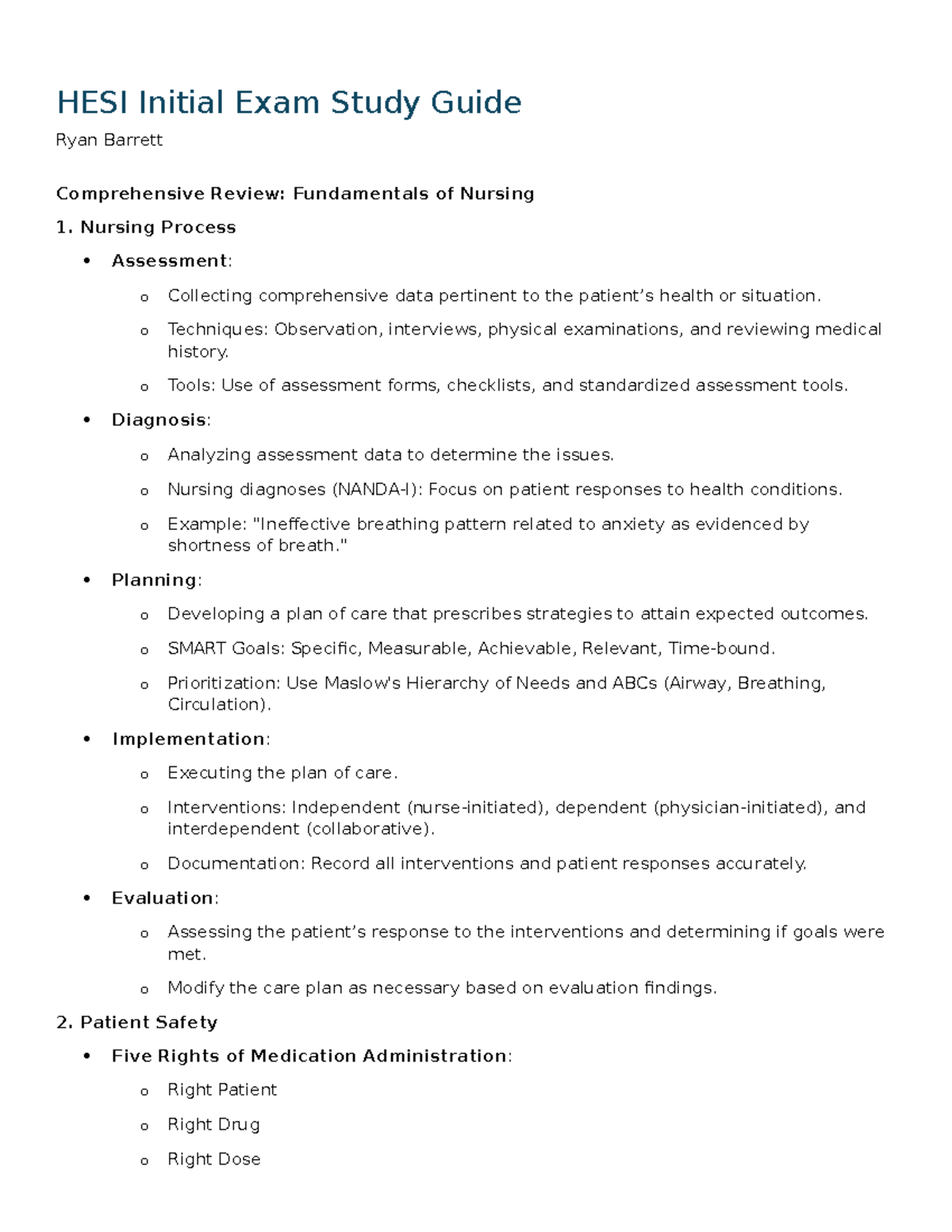 HESI Initial Exam Study Guide Nursing Process Assessment o