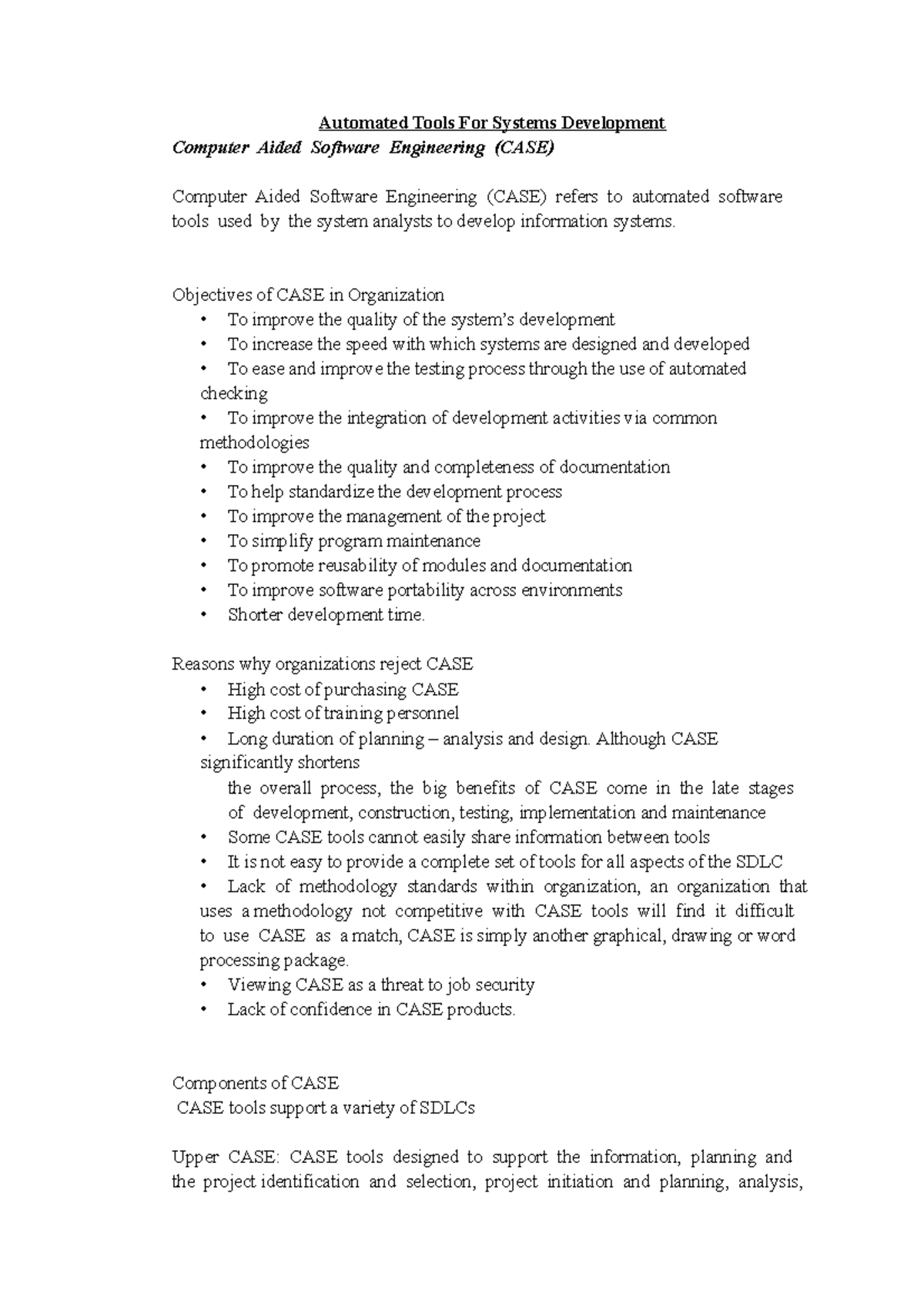 CASE tools for moodle Automated Tools For Systems Development