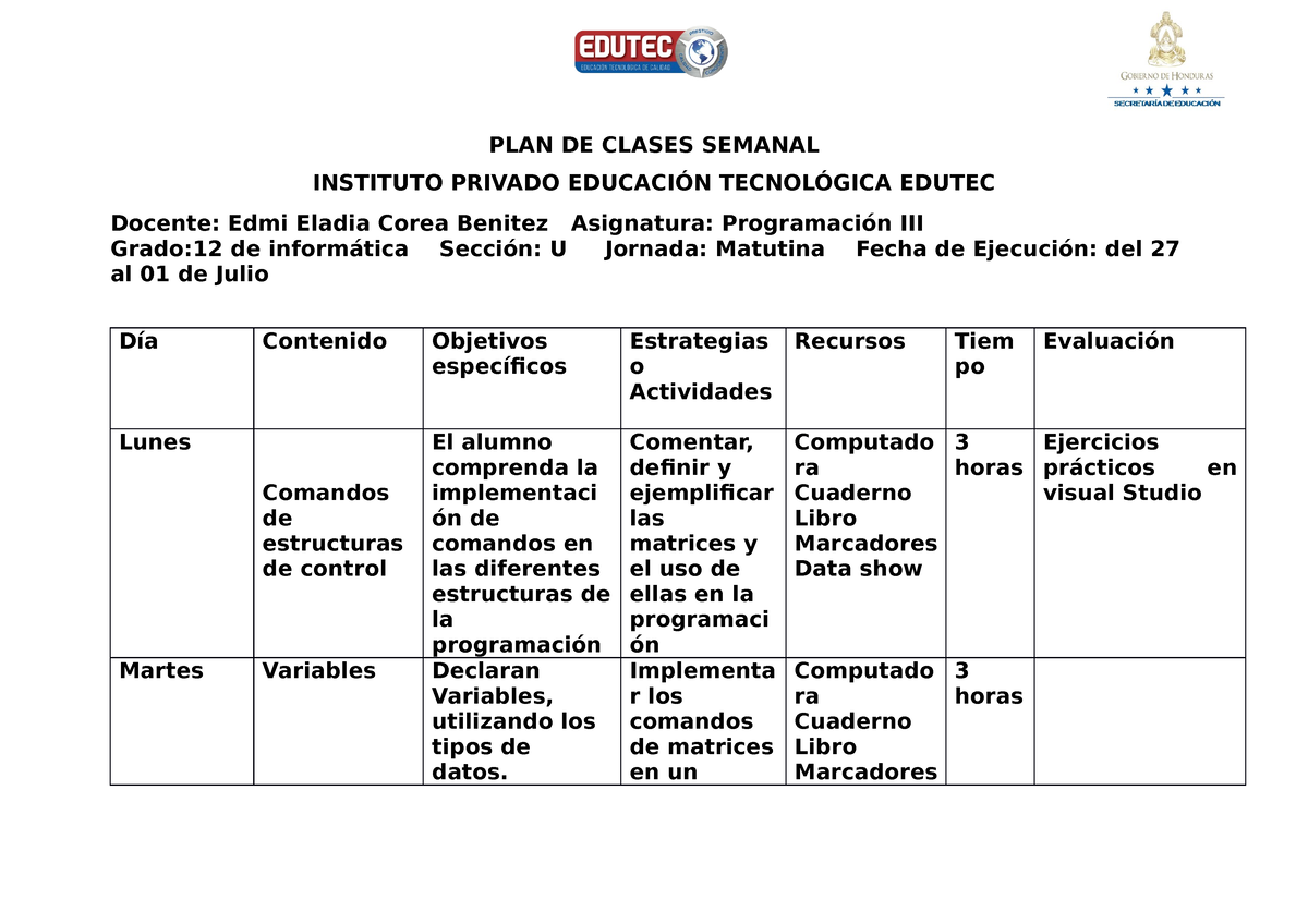 Plan De Clases Programacion Semna Del 27 De Junio Al 01 De Julio Plan De Clases Semanal 0309