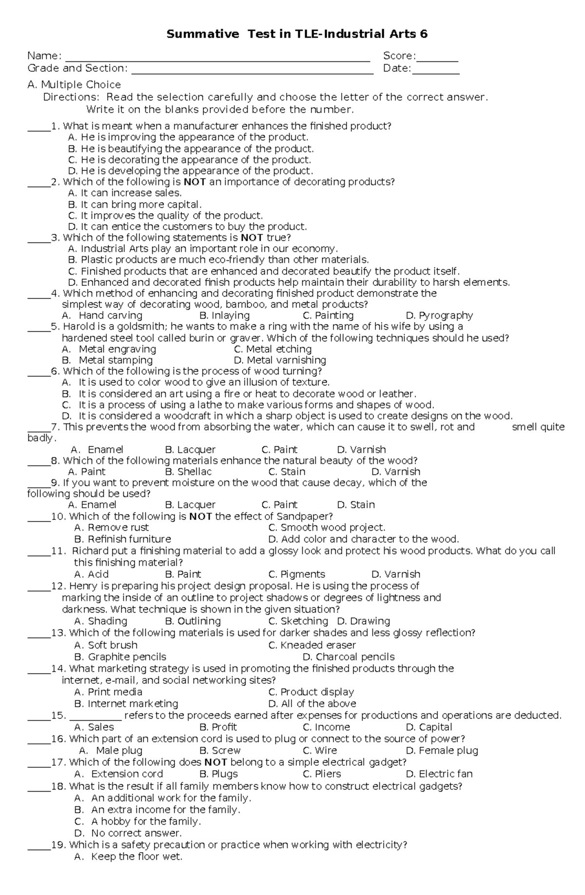 TLE-6-IA-summative test - Summative Test in TLE-Industrial Arts 6 Name ...