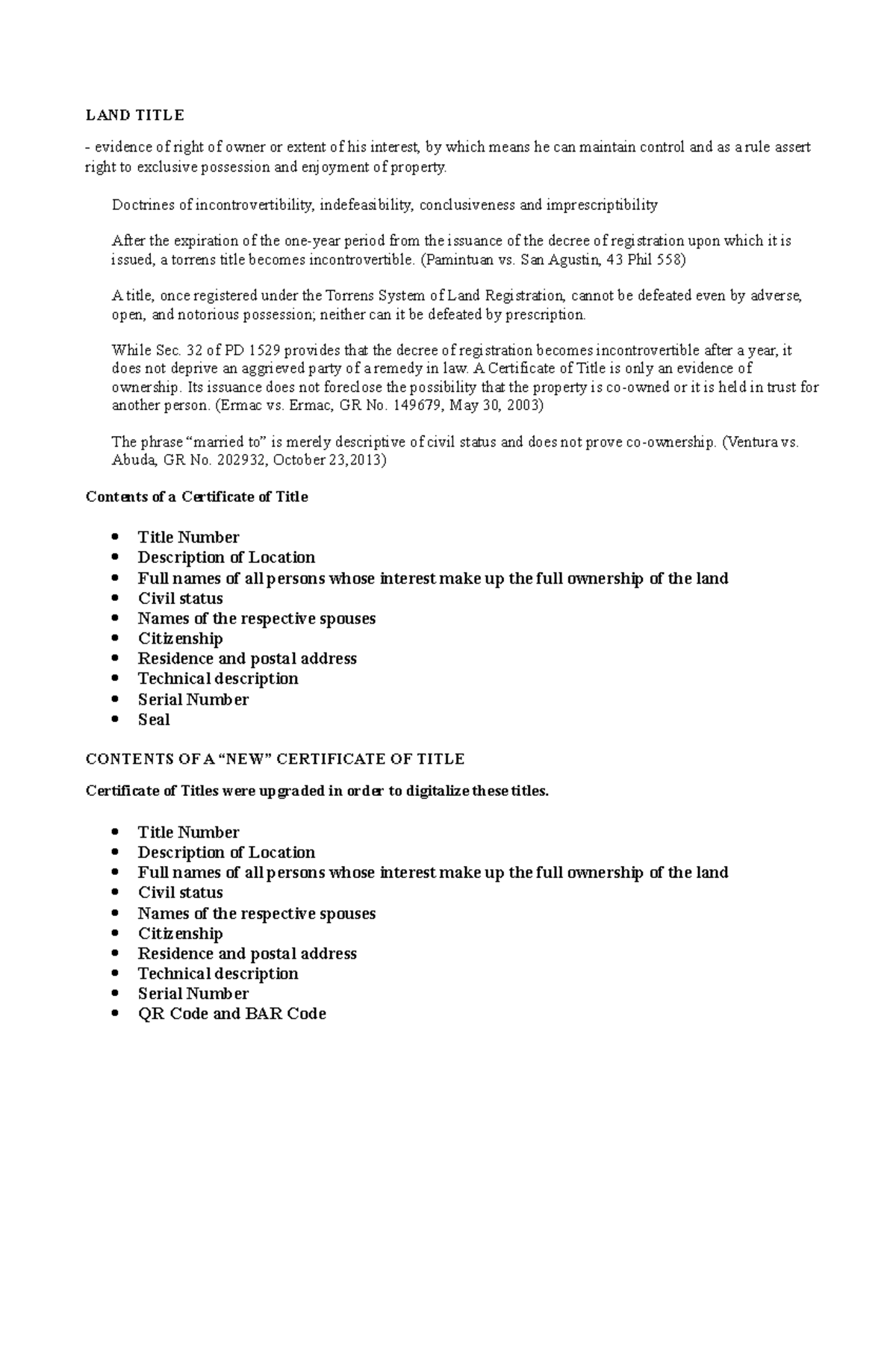 LandTitlesNotes . . LAND TITLE evidence of right of owner or