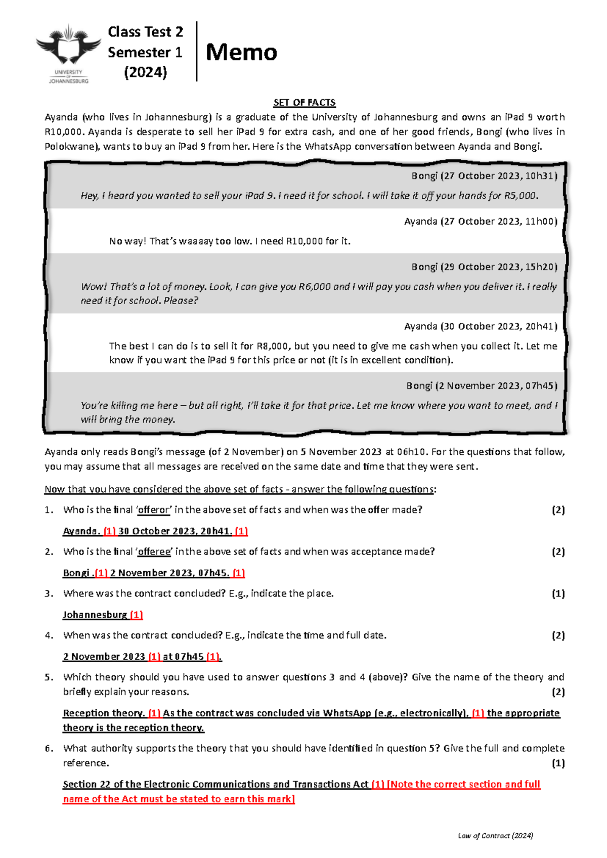 Class Test 2 (Memo) - PRACTICE QUESTIONS SEMESTER 1 - Class Test 2 ...