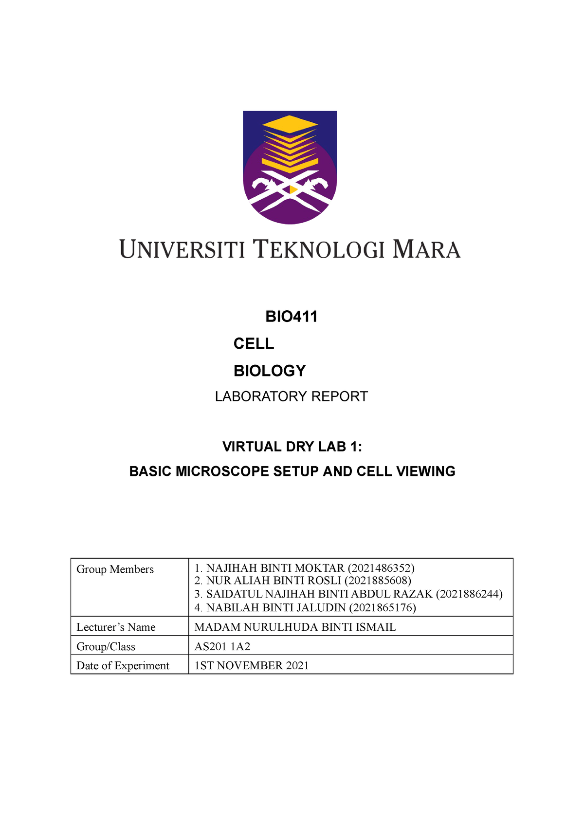 Lab Report Cell Biology - BIO CELL BIOLOGY LABORATORY REPORT VIRTUAL ...