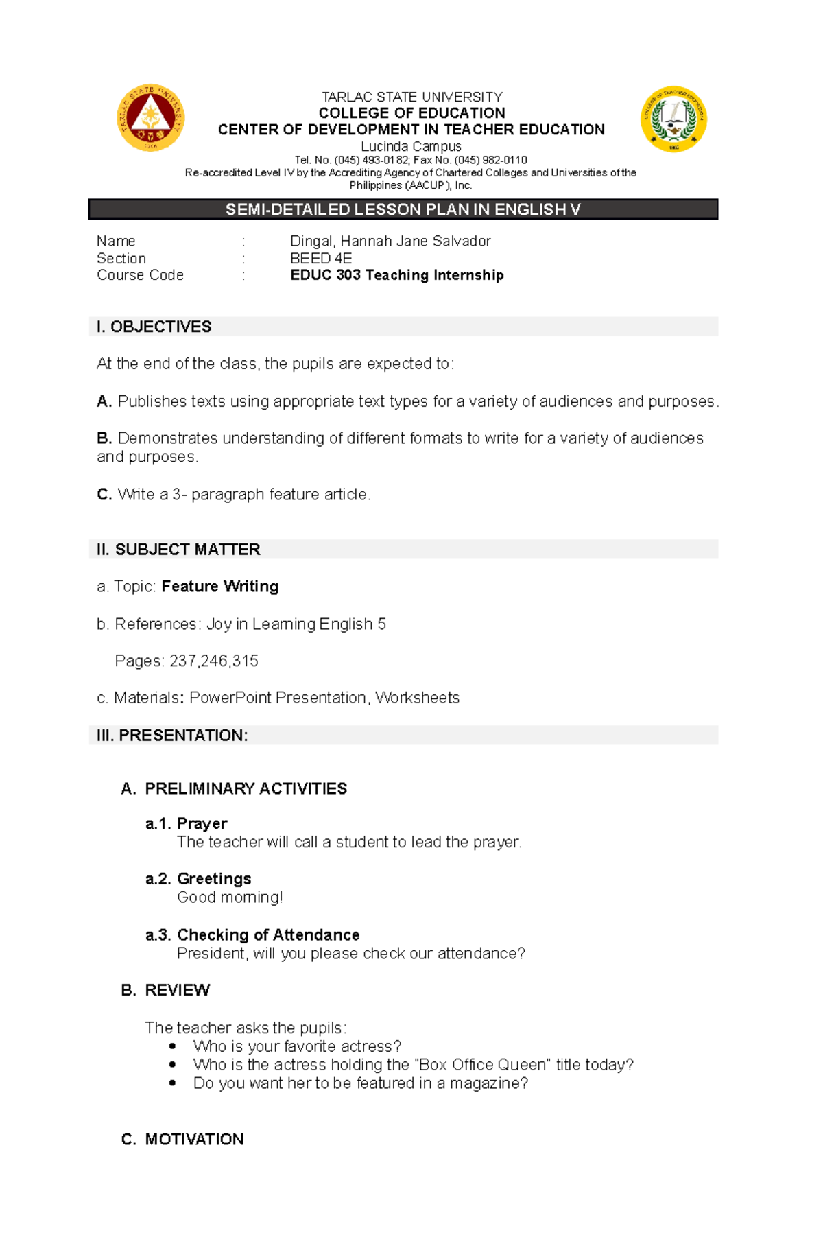 English 5 Feature Writing - SEMI-DETAILED LESSON PLAN IN ENGLISH V Name ...