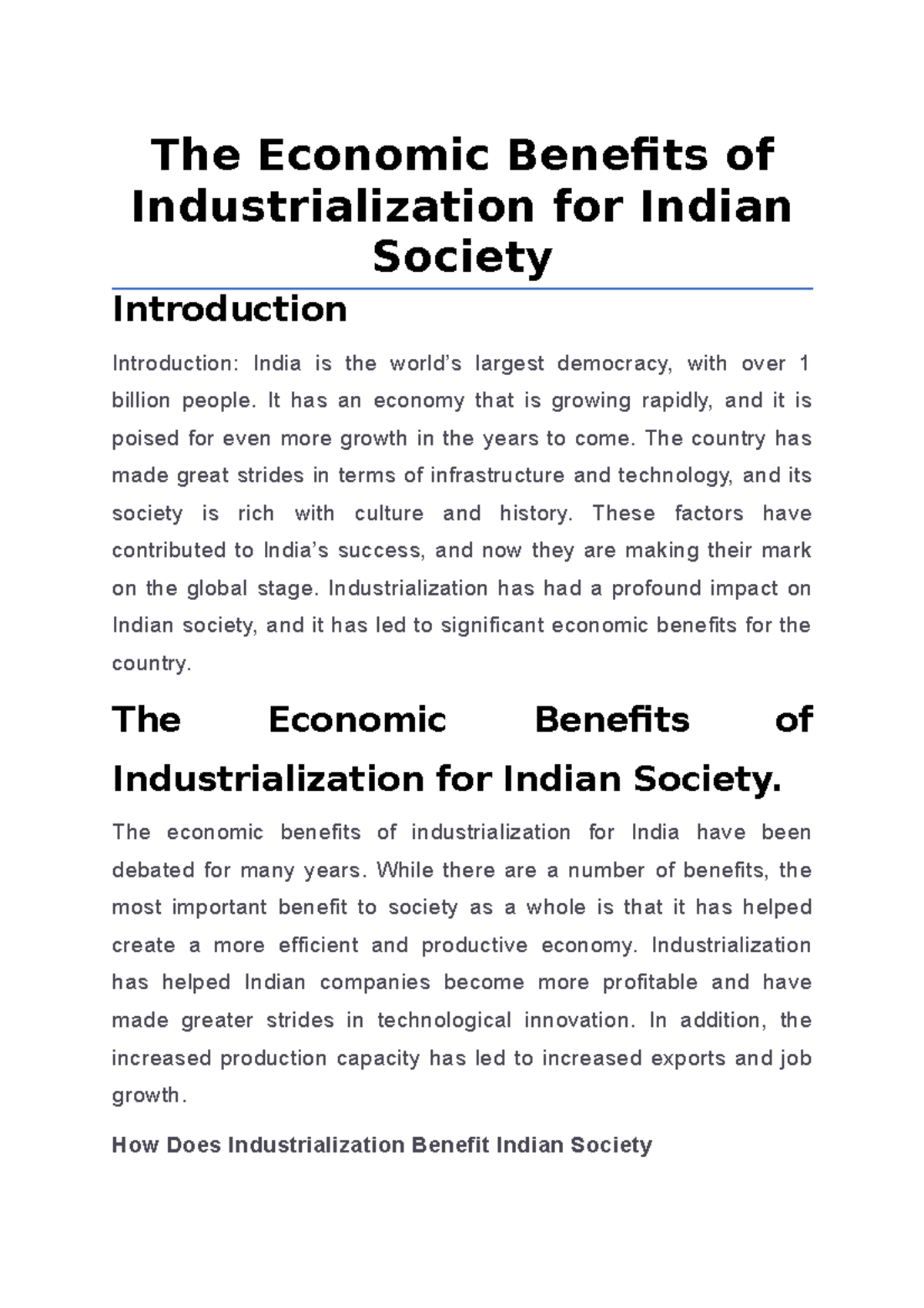 The Economic Benefits of Industrialization for Indian Society - The ...