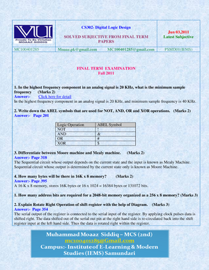 CS302 Final MCQS Withrefrencesbymoaaz - CS302- Digital Logic Design ...