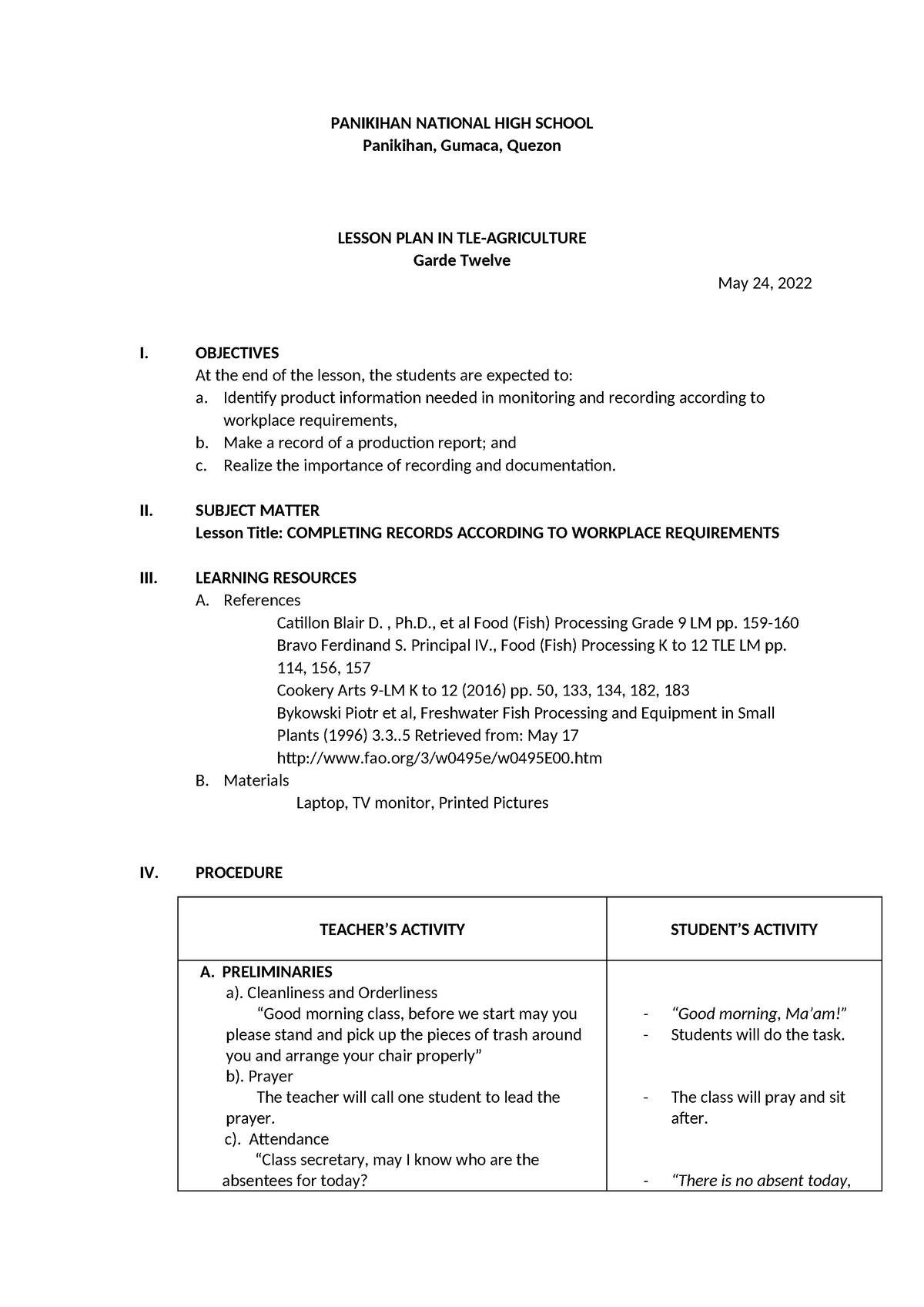 4A's Template - PANIKIHAN NATIONAL HIGH SCHOOL Panikihan, Gumaca ...