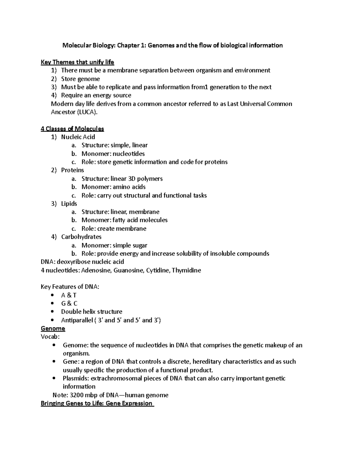 Molecular Biology Textbook Notes Chapter 1 - Molecular Biology: Chapter ...