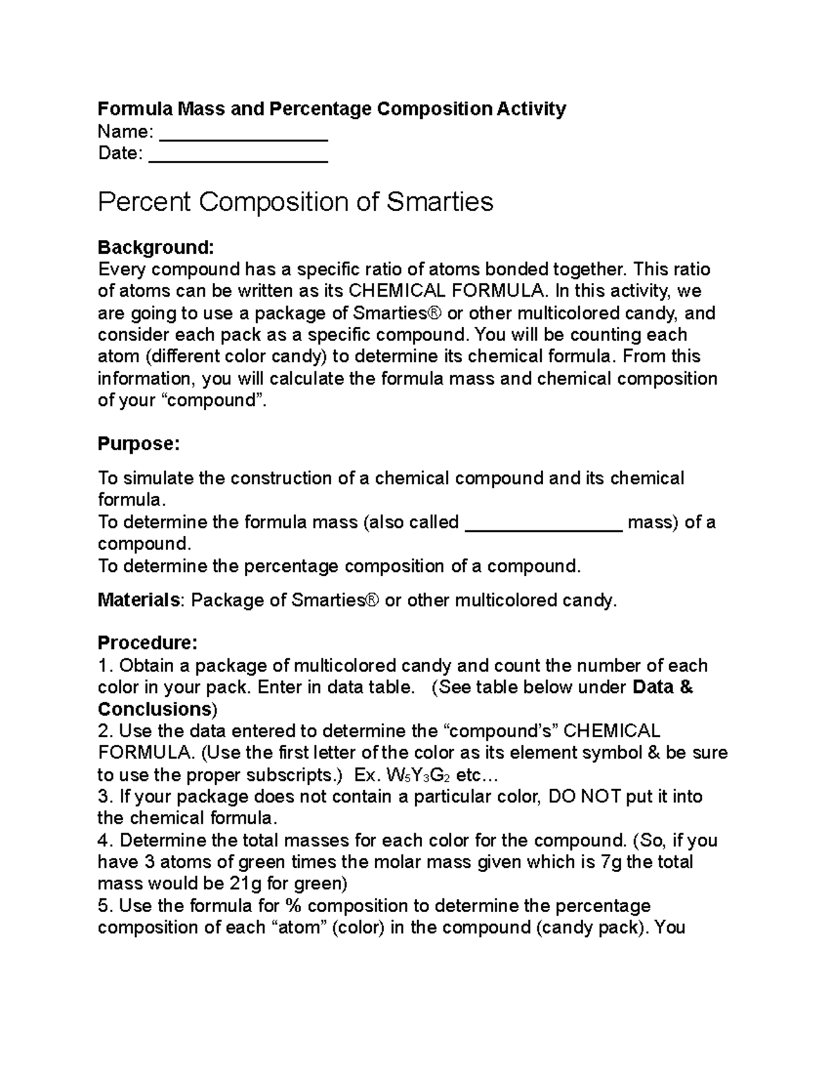 Percent Composition Lab 6 - Formula Mass and Percentage Composition