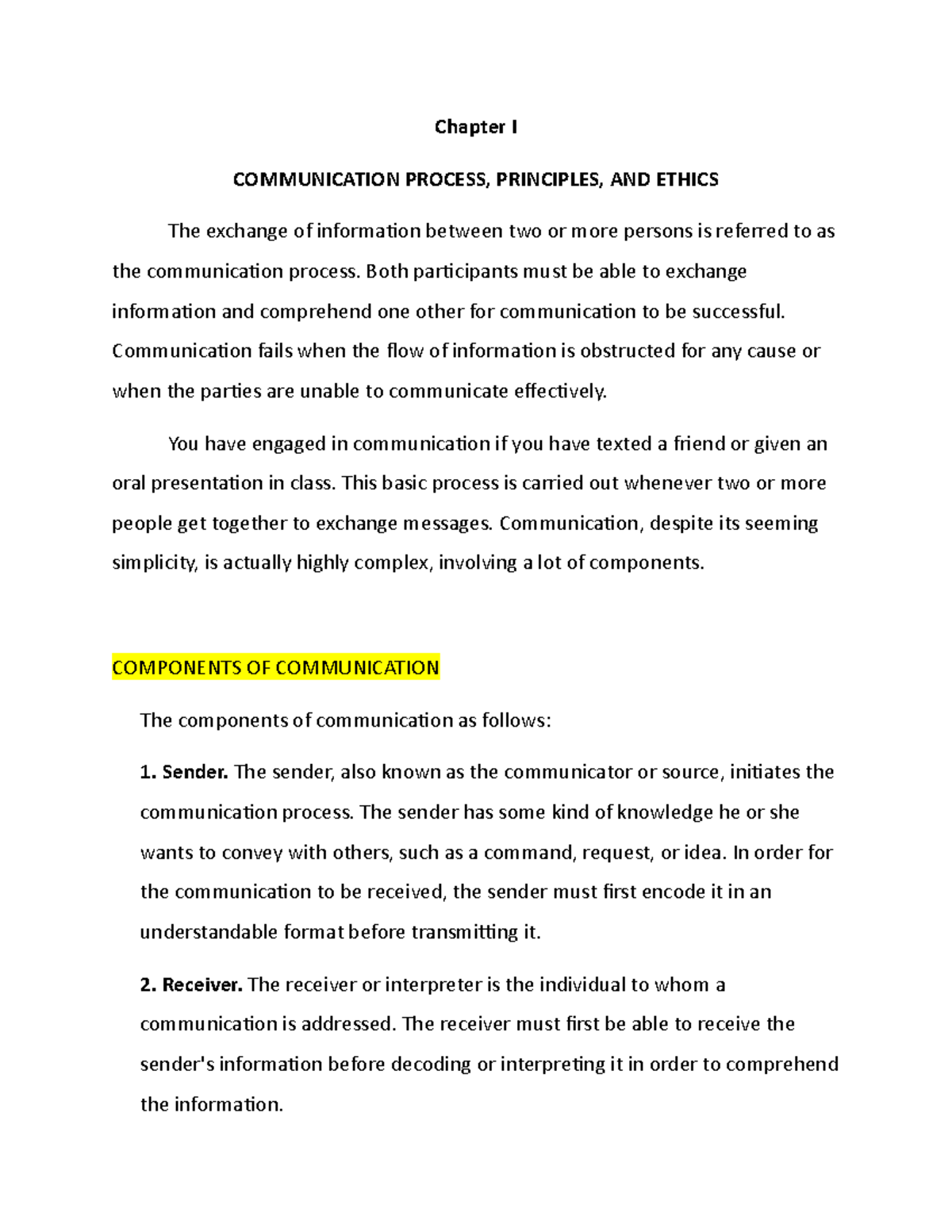 Purposive Communication Chapter 1 - Chapter I COMMUNICATION PROCESS ...