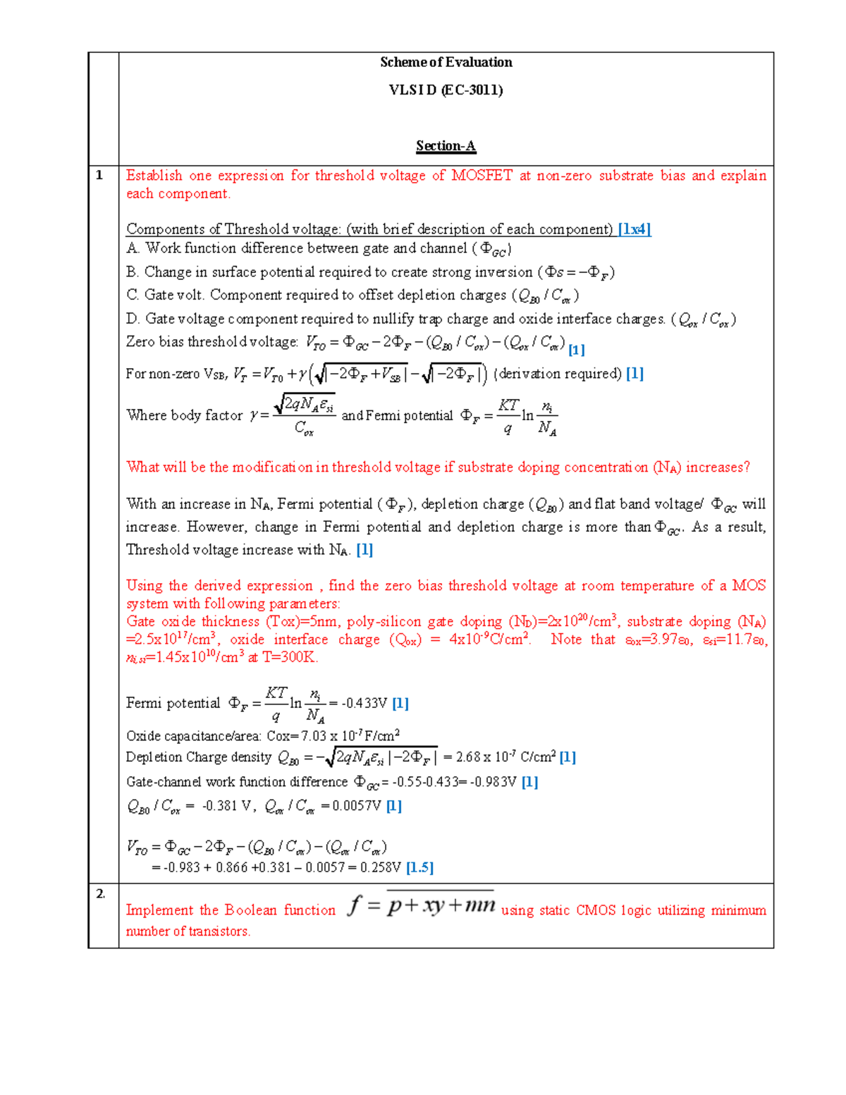 Question Paper sol - Scheme of Evaluation VLSI D (EC-3011) Section-A 1  Establish one expression for - StuDocu