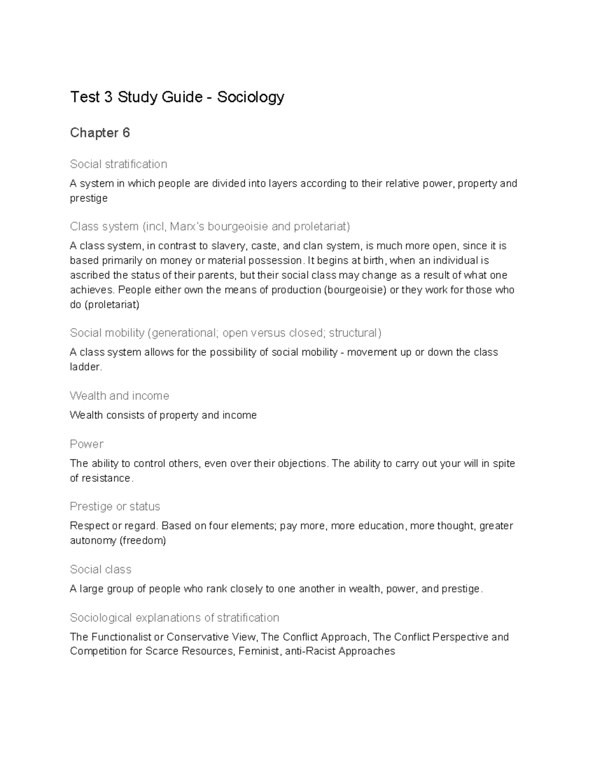 Test 3 Study Guide - Test 3 Study Guide Sociology Chapter 6 Social ...
